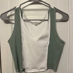 Green and white raw hem tank top